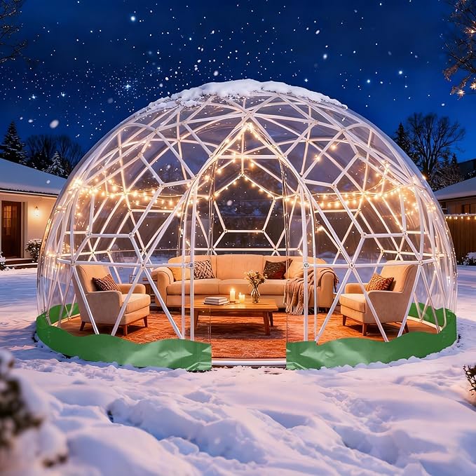 Garden Dome Tent 12*7.2FT, 360° View Geodesic Dome Greenhouse with PVC Clear Cover, Waterproof Garden Bubble Dome Tent House with 2 x 10M Light Strings for Outdoor, Green