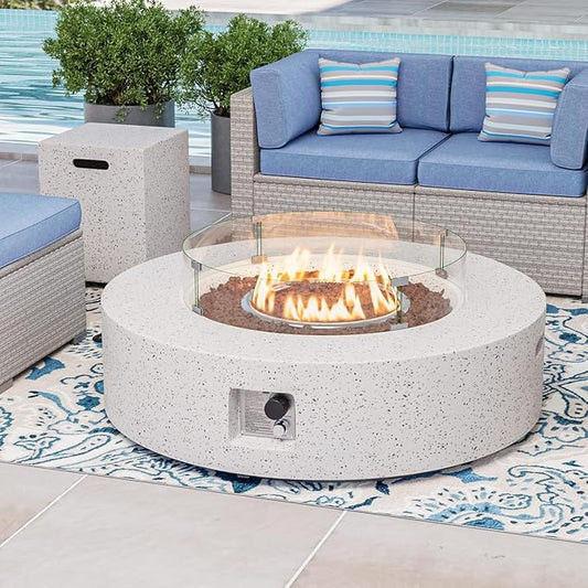 COSIEST 2-Piece Outdoor Propane Firepit Table Set w Tank Table, 42 inch Dark Fire Table Certified, 50,000 BTU w Beige Round Base,Wind Guard and 16 inches Tank Side Table 20lb for Garden,Pool