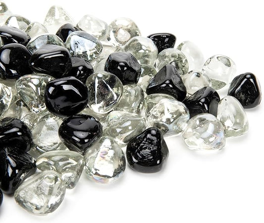 Fire Glass Diamond 1 Inch Fire Pit Glass Rocks for Propane or Gas Fire Pit 20 Pounds White/Onyx Black Blend