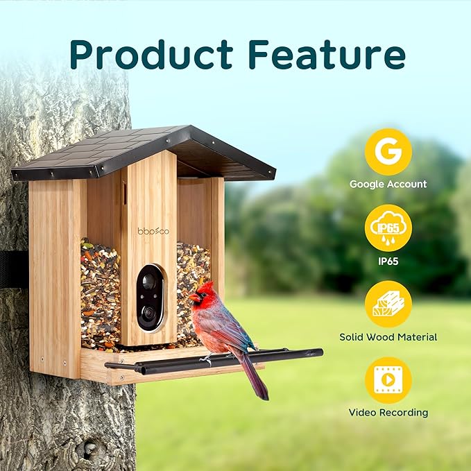 BBPECO Bird Feeder with Camera Solar Powered, Smart Bird Feeder with AI Identify for 10000 Plus Species, Auto Capture & Real-time Notifications, Ideal Gift for Birdwatching, Bamboo