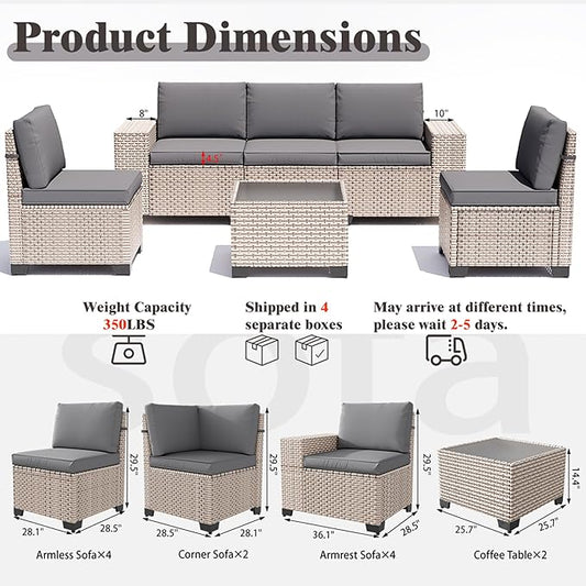 12 Pieces Patio Furniture Set, Outdoor Sectional Wicker Sofa with Thickened Cushions and Coffee Table, High Back Rattan Patio Conversation Sets for Garden Backyard, Grey