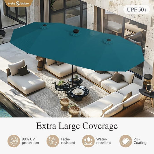 Sophia & William 13ft Outdoor Patio Umbrella with Solar Lights, Large Double-sided Umbrella with LED Lights, Perfect for Garden, Deck, Pool, Cyan Blue