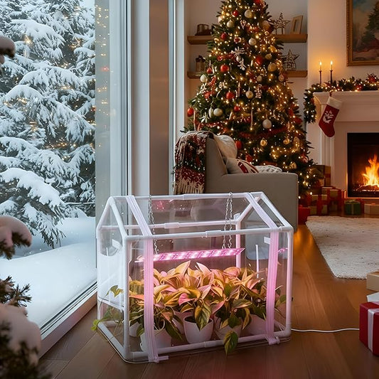 Meonum Mini Greenhouse with Grow Light for Indoor, 23.6"x15.7"x19.6" Tabletop Small Greenhouse Kit with 15W Plant Dimmable LED Grow Lights and Timer, 3 Light Color Mode for Seed Starter Tray