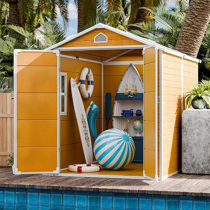 CDCASA 8x6 FT Resin Shed, Waterproof Large Outdoor Storage Shed with Floor Included & Vents, Outside Plastic Tool Shed for Garden Patio Poolside Lawn, Wood-Like Brown