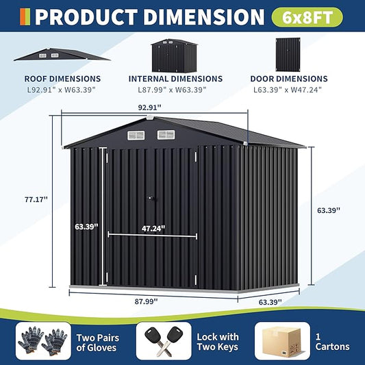 6x8 FT Metal Storage Sheds Outdoor, MetalTool Shed with Lockable Door, MetalYard Sheds Garden Shed Kit, Metal UtilitySheds Buildings with Air Vent for Backyard Garden Patio Lawn