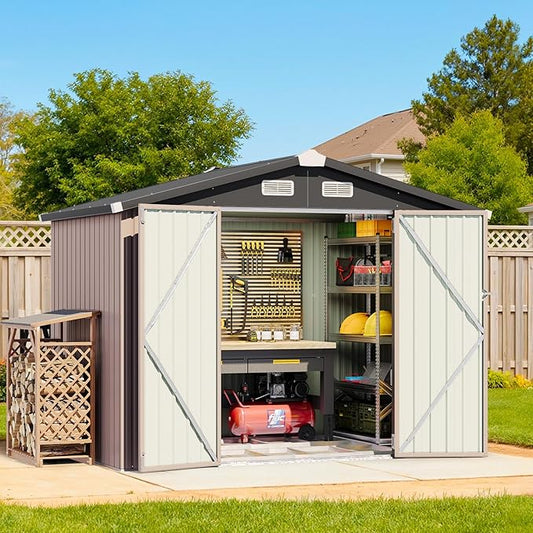 8x6 FT Outdoor Storage Shed with Base & Lockable Double Doors, Heavy-Duty Galvanized Steel Outdoor Metal Shed for Bike, Tool, Generator Storage in Backyard, Patio (8’x6’, Base)