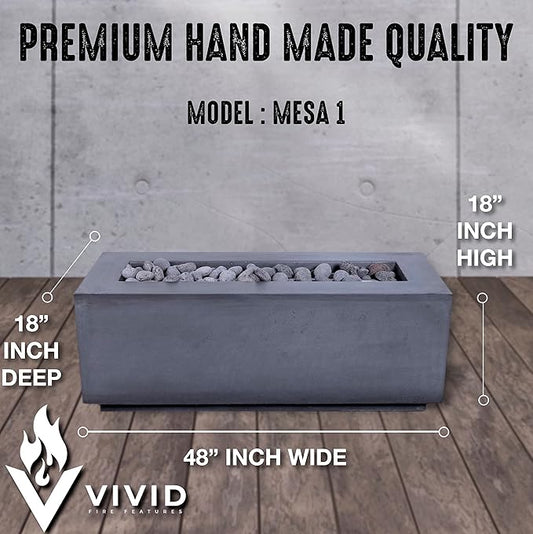 48" Premium “Mesa 1" Concrete Fire Bowl - Heavy Cement Rectangle Natural Gas Fire Pit - Square Outdoor Fire Table with Key Valve GFRC (48” L x 18” W x 18” H) (Ivory White)