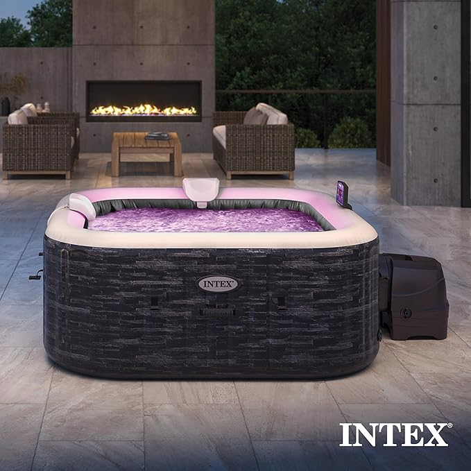 INTEX PureSpa Greystone Deluxe Inflatable Hot Tub, with with Built-in FastFill Inflation System, Spa Control App, and 4 Person Capacity, 83" x 28"