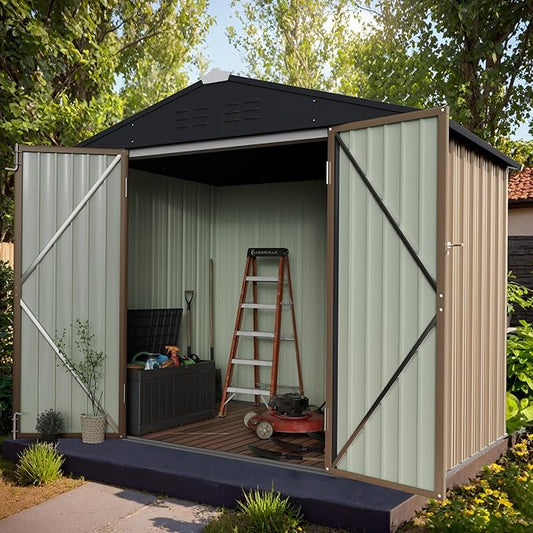 GUNJI 8 x 6 FT Shed Outdoor Storage Shed Metal Garden Shed with Lockable Door Outside Waterproof Tool Shed for Backyard, Patio, Lawn (Brown)
