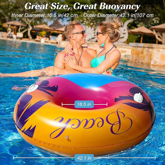 HeySplash Pool Tubes for Adult, 42 Inch Large Pool Floats with Handles, Inflatable Swim Rings Lounge, Hawaii Fun Swim Floaties Swimming Pool Beach Lake River Party Decoration Toys, Orange Purple Beach