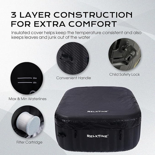 Inflatable Hot Tub 2-3 Person 110 Air Jets, Portable Blow Up Hottub with Cover, Built in Heater Pump, Square Outdoor Spa, Cup Holder, 2 Filters, Black