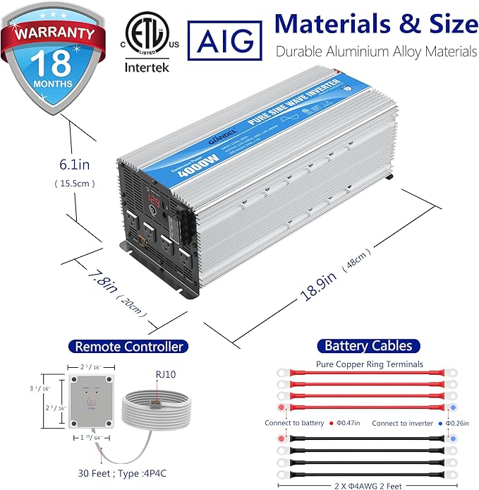 GIANDEL 4000W Pure Sine Wave Power Inverter ETL UL 458 STD Listed converts DC12V to AC120V with 40amps Hardwire Terminal Block 4 AC Outlets and 30ft Wired Remote Control