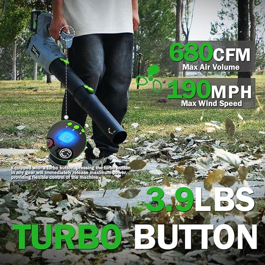 Leaf Blower Cordless,2 x 21V 6.0Ah Battery and Charger, with 680CFM 190MPH Electric Cordless Leaf Blower, 3-Variable Speed & Turbo Mode, Blowers for Lawn Care (5002 E)