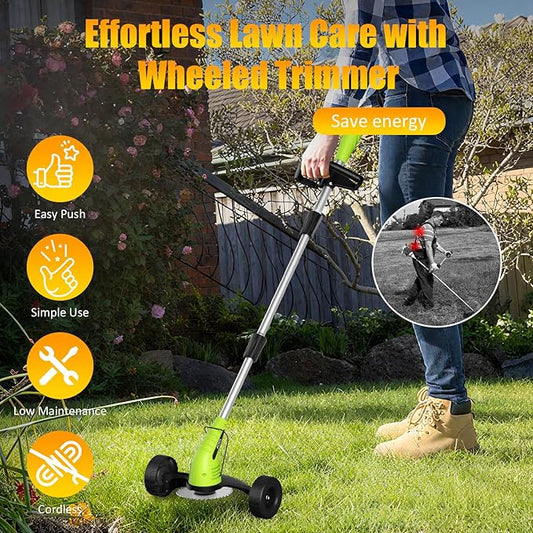 Electric Weed Wacker Cordless: String Trimmer with Roller 2Types Blades - 2.0Ah 12V Battery Powered Lightweight Grass Cutter/Mower for Yard and Garden, Green