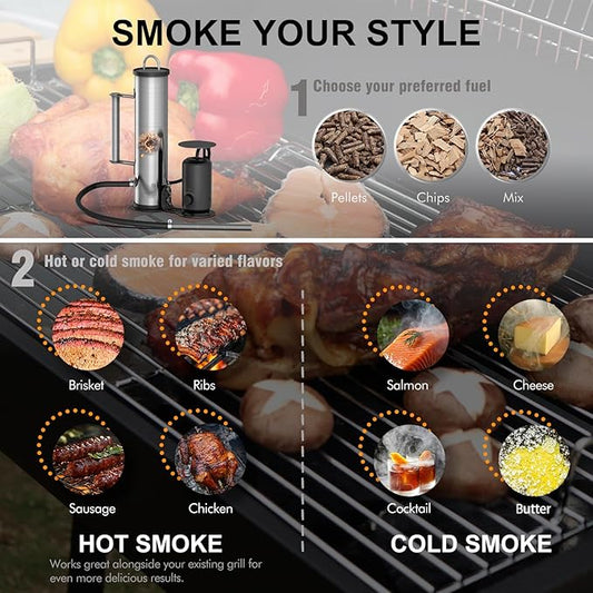 LAZYFOX Smoke Generator for Pellet, Portable Cordless Electric Outdoor Smoker Tube, Wood chips or mix, Hot or Cold Smoking Backyard BBQ, Fit Any Grill or Smoke (Silver black)