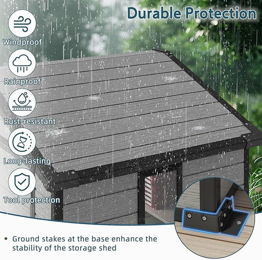 6X4 FT Outdoor Storage Shed, Resin Storage Shed with Floor & Drainage Channel for Bikes, Furniture, Gardening Tools, Plastic Sheds with Lockable Double Door Suitable for Backyard, Patio, Lawn
