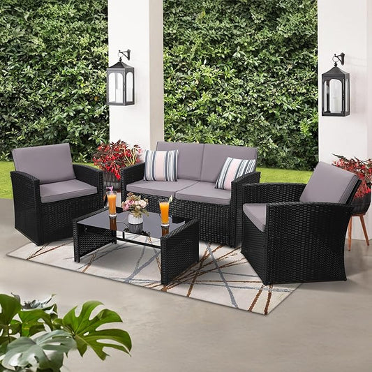 4 Pieces Patio Conversation Set, Outside Rattan Sectional Sofa, Cushioned Furniture Set, Wicker Sofa Ideal for Garden, Porch, Backyard, Black Color Rattan and Light Grey Cushion