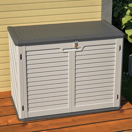 Outdoor Storage Shed Horizontal Plastic Shed W/Removable Shelf & Lockable Cabinet,Weather Resistance Foldable House W/Sloped Roof & Dual-Locking Mechanism,28 Cu.ft Garden Tool House,White