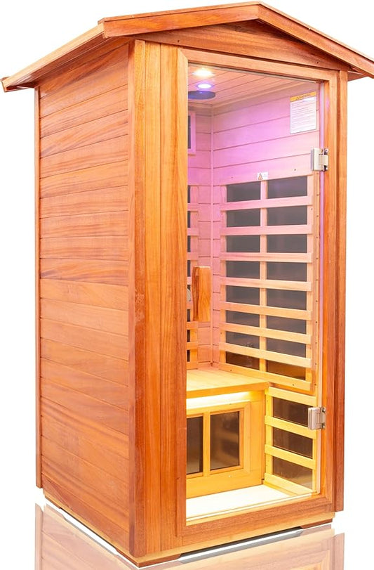 LTCCDSS Outdoor Mahogany Sauna 1 Person, Low EMF Far Infrared Sauna for Home, Withstand Outdoor Temp -10℉-149℉| EMF Readings Below 0.5mG, 9 Low EMF Boards-Chromotherapy-Bluetooth Speaker