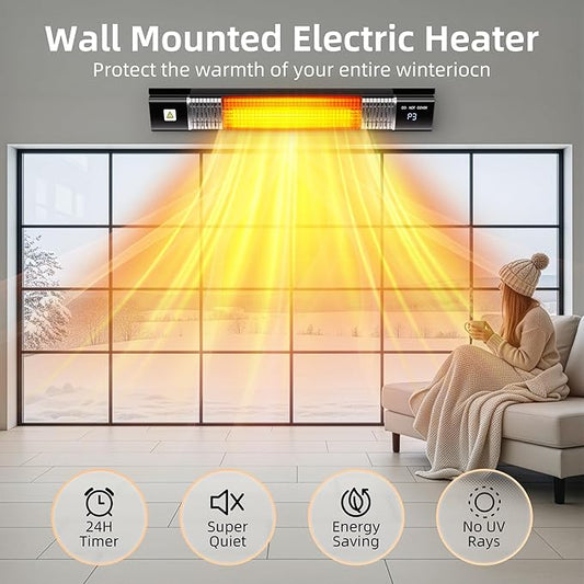 Patio Heater,1500W Outdoor Heaters,Wall Mounted Electric Heater With Remote,24H Timer,Overheat Protection,3 Heat Levels,Waterproof,Infrared Heater For Indoor,Garage,Backyard,Porch,Basement Use,Black
