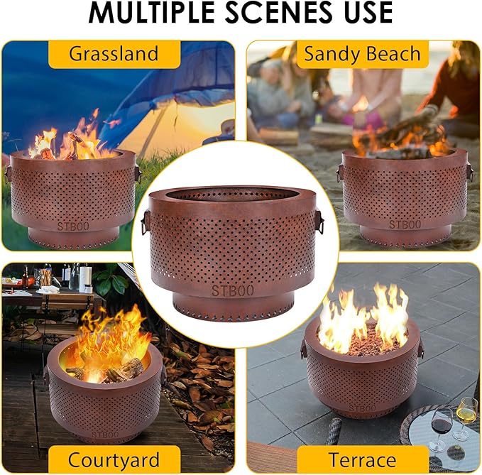 STBoo Smokeless Fire Pit - 20Inch Large Firepits for Outside with Portable Carrying Storage Bag - Low Smoke Outdoor Fireplace for Camping, Picnic, Bonfire Backyard, BBQ on Beach, Rust, L