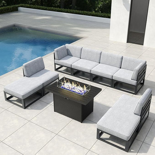 9 Pieces Aluminum Patio Furniture Set with Propane Gas 44" Fire Pit Table, Metal Outdoor Conversation Sofa Set with Seating Cushions