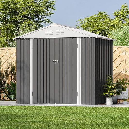 Patiolife Outdoor Storage Shed 8x6 FT, Lockable Metal Shed for Bike and Tools,Large Storage House for Garden and Backyard, Gray