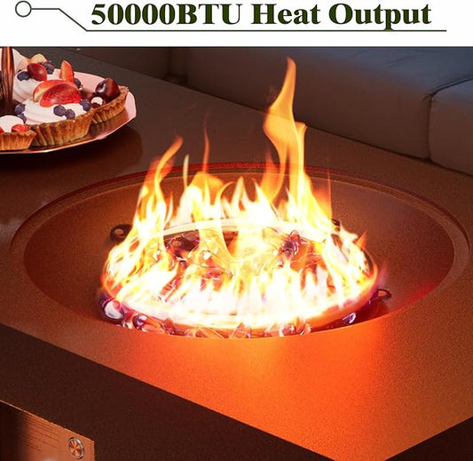 Dineli 2-Piece Outdoor Propane Fire Pit Table Set w Tank Table 48'' Rectangular Firepit Gas Fire Pits for Outside Patio Tabletop Fire Pits w LED, 50,000 BTU (Black with Warmlight)