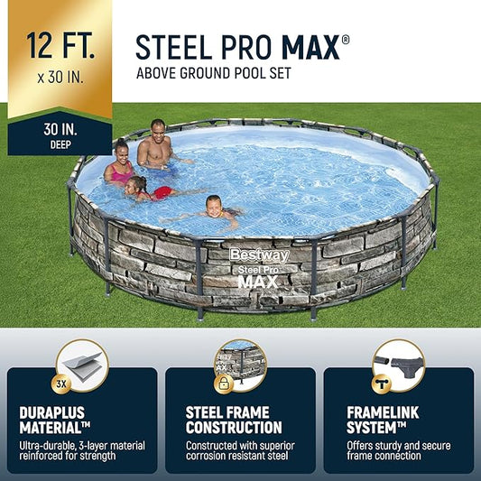 Bestway Steel Pro MAX 12' x 30" Above Ground Pool, Round Metal Frame Outdoor Swimming Pool Set with Filter Pump & Type I Cartridge, Stone Print