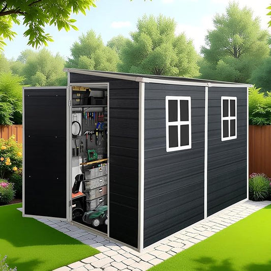 Storage Shed 4x8 ft Outdoor Lean to Resin Shed with Floor and 2 Windows, Lockable Door Plastic Sheds, Waterproof Sheds for Garden Tools, Bicycles, Trash Cans, Lawn Mower, Black