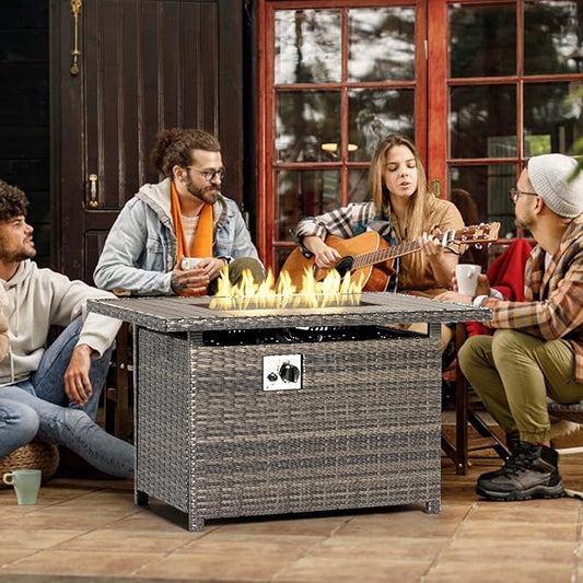 Aoxun 40" Propane Fire Pit 50,000 BTU Outdoor Wicker Fire Table with Wood-grainTabletop Patio Rectangular 2-in-1 Gas Fire Pit Table with Firepit Lid and Waterproof Cover(Gray)