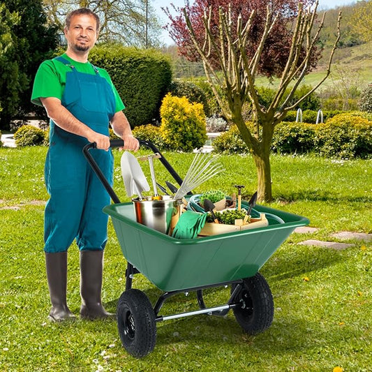 Goplus 2 Wheel Wheelbarrow, 330 LBS Utility Garden Cart with 10” Pneumatic Tires & Handle, 21 Gal Volume, Yard Dump Cart Wheel Barrow, Heavy Duty Wheel Barrow for Lawn