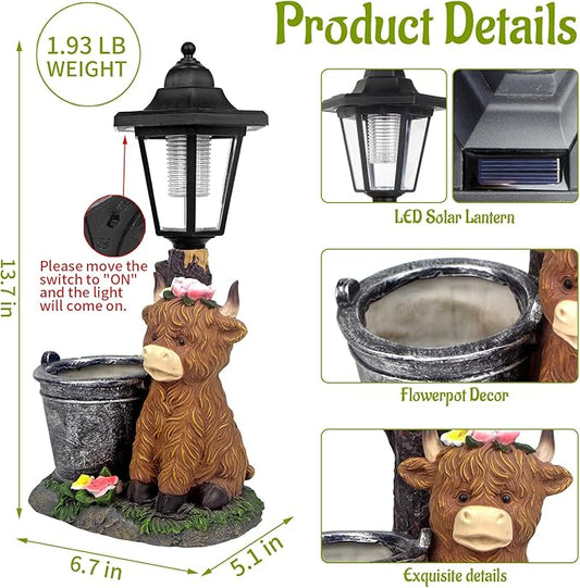 YEPOTUE Solar Highland Cow Outdoor Statues, Garden Sculptures with Flowerpot Decor & Solar Lantern for Yard Art Lawn Ornaments Porch Patio Balcony - Birthday Gifts for Women Mom