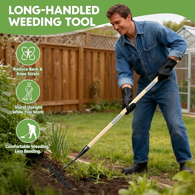 Weed Puller Tool with Long Handle - Made with Real Bamboo,8 Tines Steel Head with Weeding Rake,Gardening Hand Uprooting Weeding Tool for Removing Weeds, Loosening Soil, Cleaning Flower