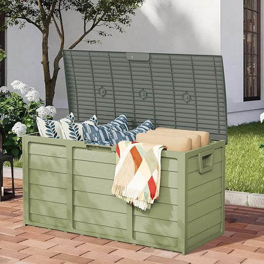 75 Gallon Outdoor Deck Box - Heavy Duty Resin Storage with Lockable Lid, UV Resistant for Patio Furniture Cushions, Pillows (Green)