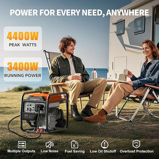 4400 Watt Portable Inverter Generator, Gas Powered Generator with ECO Mode, Low Oil Shutoff, Lightweight & Quiet for Home Use and Emergency Backup, Camping, EPA Compliant
