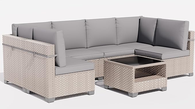 14 Pieces Patio Furniture Set, Outdoor Sectional Wicker Sofa with Thick Cushions and Storage Coffee Table, Rattan Patio Conversation Sets for Deck Yard Poolside, Grey