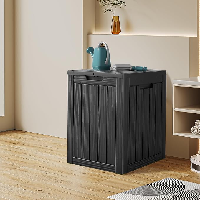 Mersco 28 Gallon Double-Wall Resin Deck Box - Lockable Waterproof Outdoor Storage Box, 151lbs Capacity & Doubles as Seating for Patio Furniture - Garden Tools, Pool Accessories (Black)
