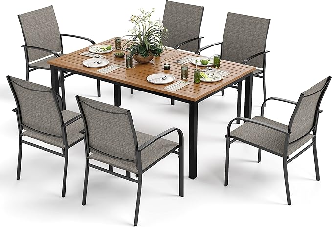 7 Pieces Patio Table and Chairs Set, Patio Dining Set for 6, 6 Textilene Chairs and 1 Wood-Like Rectangle Steel Table with Umbrella Hole, for Deck Backyard Lawn Poolside, Brown