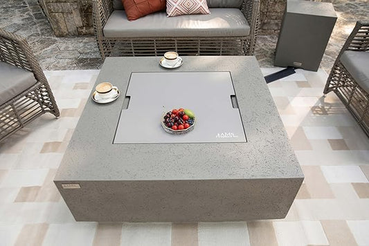 AMS Creations | Brooklyn 40" Bundle Square Propane Gas Outdoor Fire Pit Table | Light Gray Concrete GFRC | Limestone Texture Surface Fire Pit Table