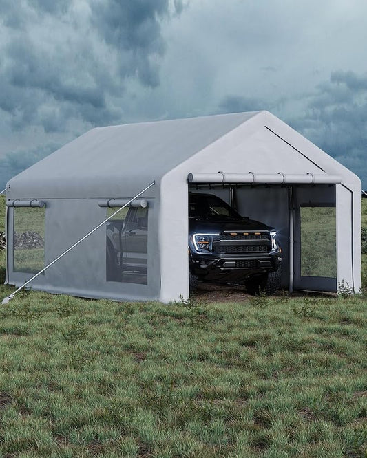 13x20 Ft Carport, Heavy Duty Portable Garage with Roll-Up Doors & 4 Windows,200g PE Tarp Waterproof & UV Protected,All-Weather Design,for Car, Boat, Truck, Motorcycle, ATVs, and SUV