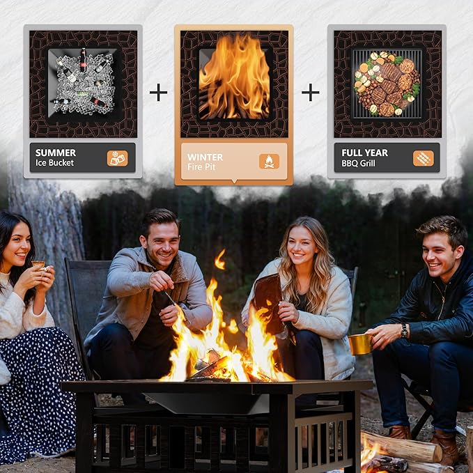 Greesum Multifunctional Patio Fire Pit Table, 32in Square Metal BBQ Firepit Stove Backyard Garden Fireplace with Spark Screen Lid and Rain Cover for Camping, Bonfire and Picnic, Reddish Brown