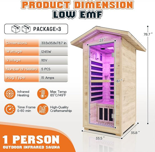 Albott Outdoor Sauna 1 Person, Infrared Saunas for Home, Low EMF 1245W/110V Spruce Wood Dry Sauna with Tourmaline Stone Foot Warmer, 7-Color Light Therapy & 2 Bluetooth Speakers, 33.5"x35.4"x78.7"