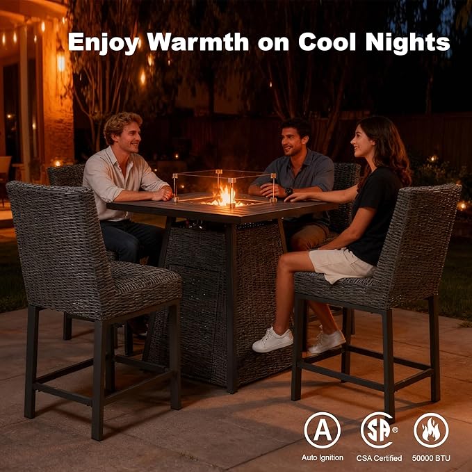 38" Outdoor Propane Fire Pit Table, 50000 BTU Gas Fire Table with Premium Metal Tabletop, Wicker Fire Pit w Rain Cover and Glass Wind Guard for Backyard,Garden,Patio