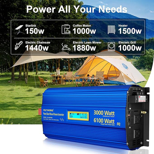 3000 Watt Pure Sine Wave Power Inverter 3000W 12V to 110V 120V AC, 6000W Surge Peak Power for 2 Seconds, UL Fuses, Compatible with Lithium Battery, Car Off-Grid Solar RV Truck Vehicle VOLTWORKS