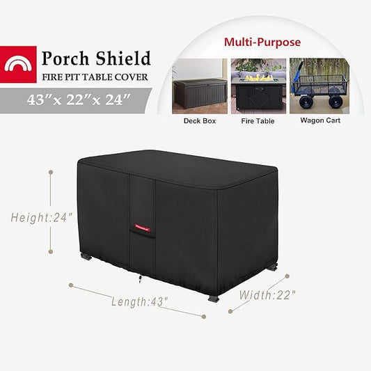 Porch Shield Patio Fire Pit Cover - Waterproof 600D Outdoor Rectangular Fire Table Cover Deck Box Protector - 43 x 22 inch, Black