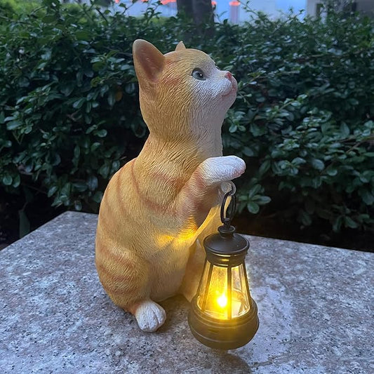 halp·ssfm Garden Decor Solar Cat Statues with Solar Lantern Outdoor Decor Lovely Tabby cat Figurine Halloween Yard Decoration Spooky Lawn and Garden Decor Holiday Party Ornament for Cat Lovers