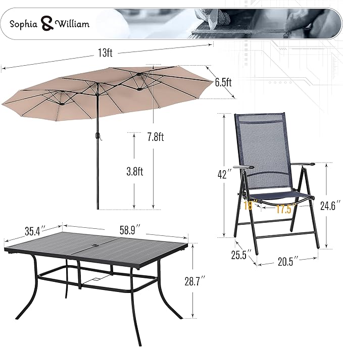 Sophia & William 7 Pieces Patio Dining Set with 13ft Beige Umbrella, Folding Outdoor Dining Chairs for 6, Rectangular Metal Patio Table and Sling Chairs Set, Blue