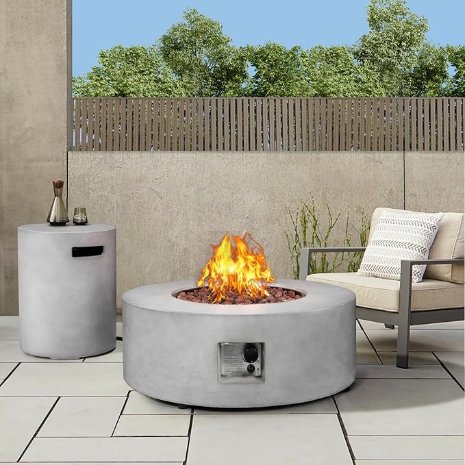 36inch Round Concrete Fire Pit Table with Propane Tank Cover 50,000 BTU Outdoor Fire Table Modern Firepit CSA Certification Natural Gas Firepits with Steel Lid, Rain Cover for Backyard, Deck