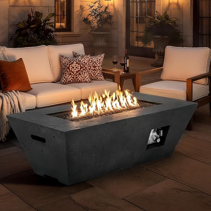 ECOTOUGE 2-Piece Propane Fire Pit Table, Outdoor Gas Fire Pit Set w/Tank Cover, 42''Auto-Ignition Steel Fire Table, 50,000 BTU Trapezoid Concrete Fire Pit w/Weather-Resistant Pit Cover, Black